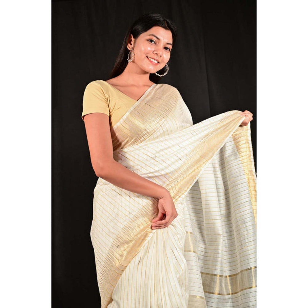 Isadora Life Womens Stripes Zari Ivory Pre-Draped Saree With Unstitched Blouse