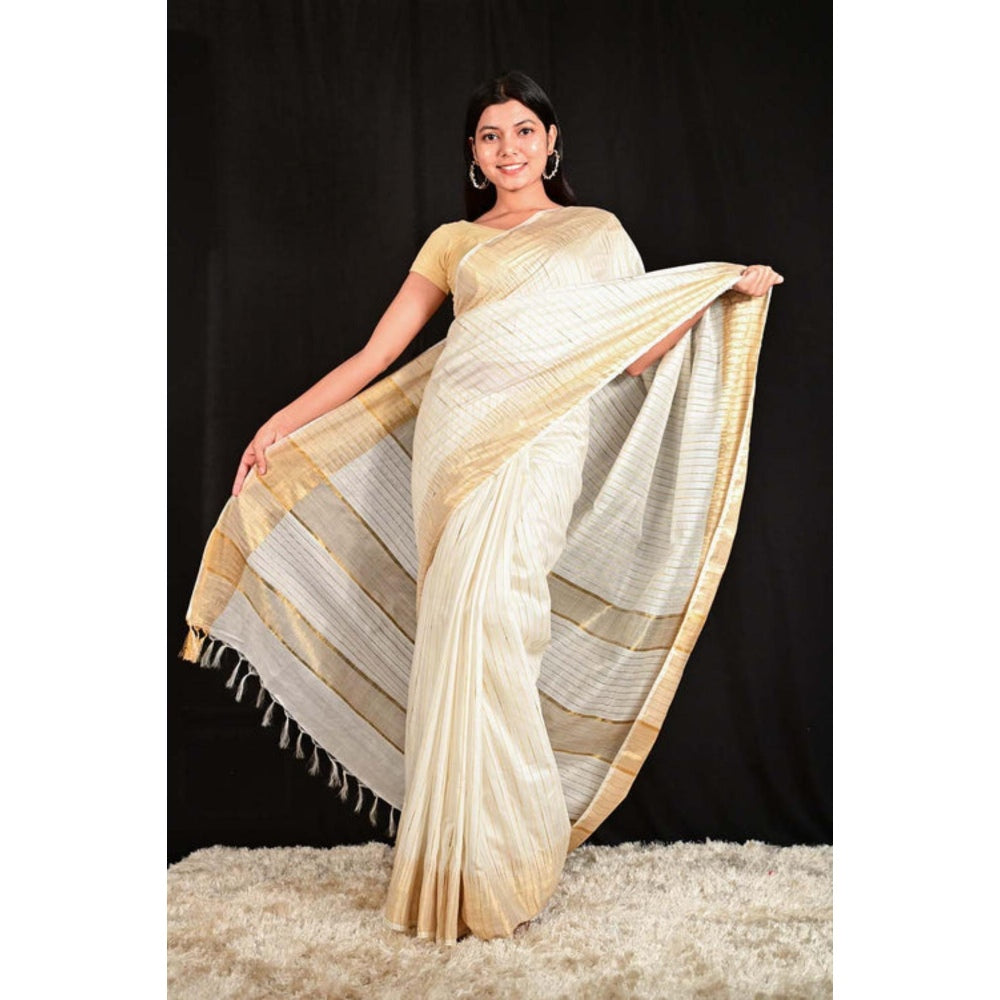 Isadora Life Womens Stripes Zari Ivory Pre-Draped Saree With Unstitched Blouse