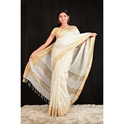 Isadora Life Womens Stripes Zari Ivory Pre-Draped Saree With Unstitched Blouse