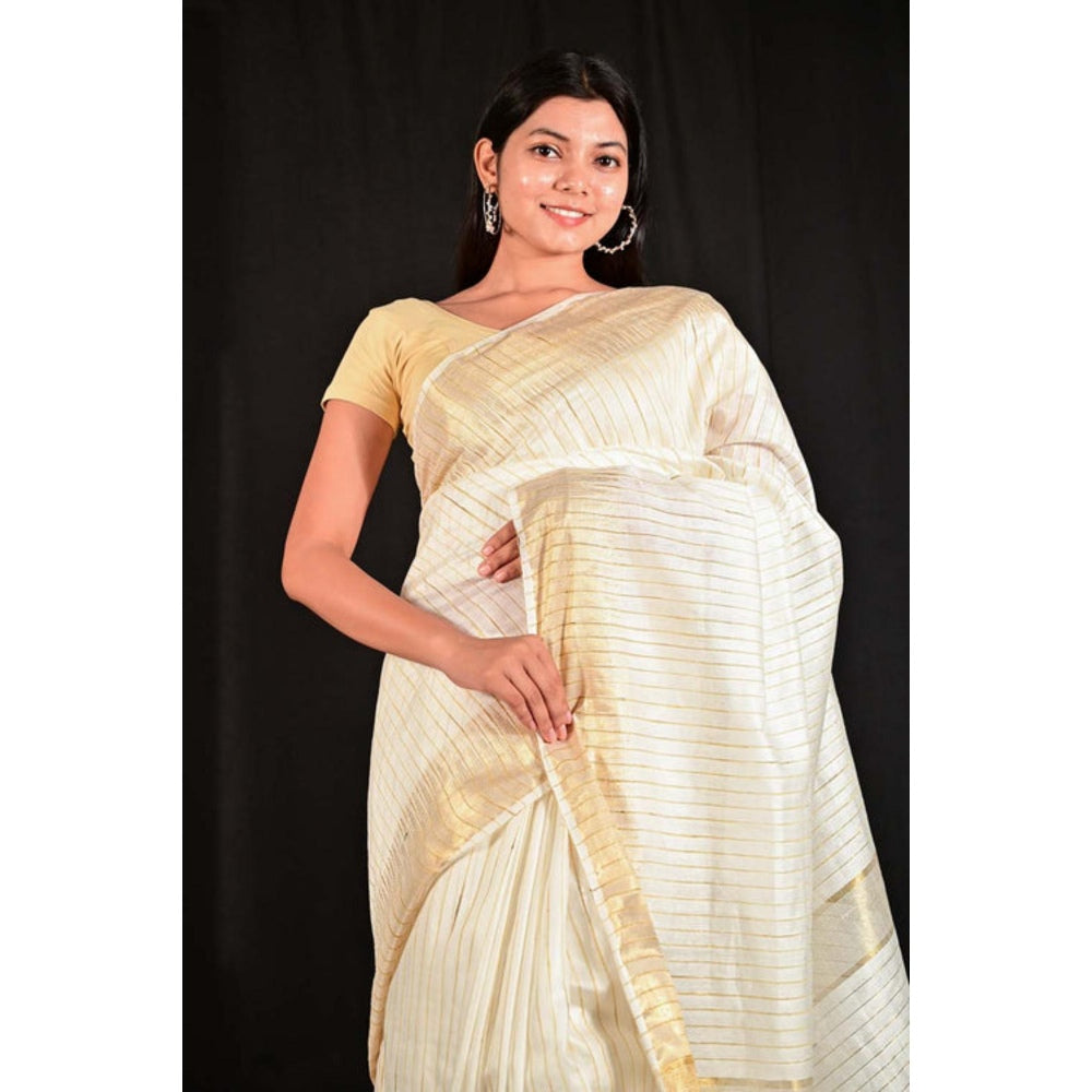 Isadora Life Womens Stripes Zari Ivory Pre-Draped Saree With Unstitched Blouse
