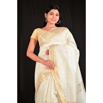 Isadora Life Womens Stripes Zari Ivory Pre-Draped Saree With Unstitched Blouse