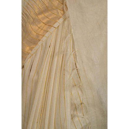 Isadora Life Womens Stripes Zari Ivory Pre-Draped Saree With Unstitched Blouse