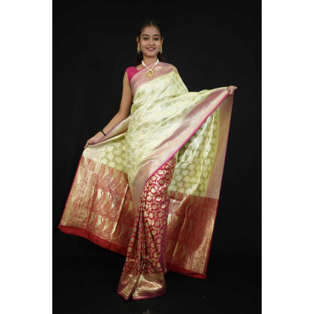 Isadora Life Womens Woven Zari Green Pre-Draped Saree With Unstitched Blouse