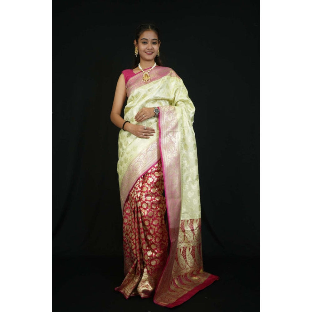 Isadora Life Womens Woven Zari Green Pre-Draped Saree With Unstitched Blouse