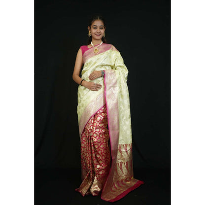 Isadora Life Womens Woven Zari Green Pre-Draped Saree With Unstitched Blouse