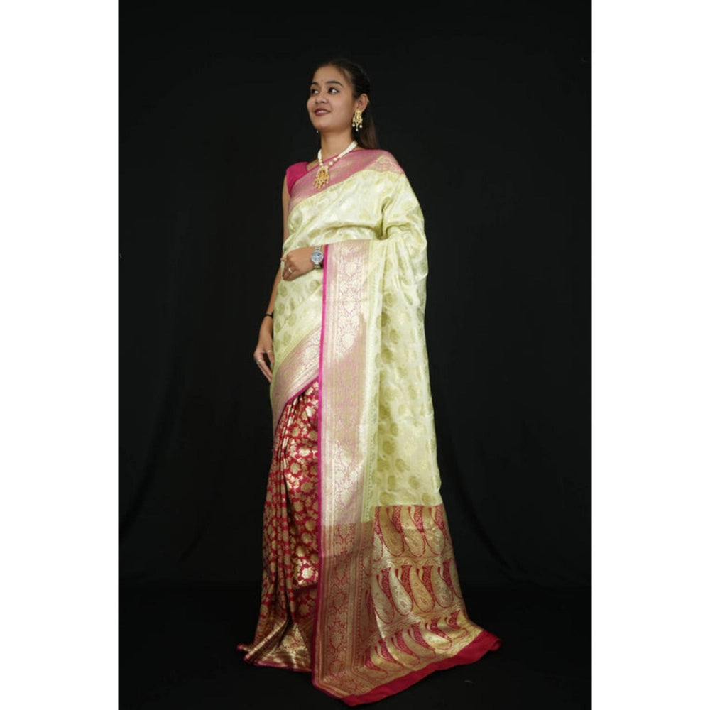 Isadora Life Womens Woven Zari Green Pre-Draped Saree With Unstitched Blouse