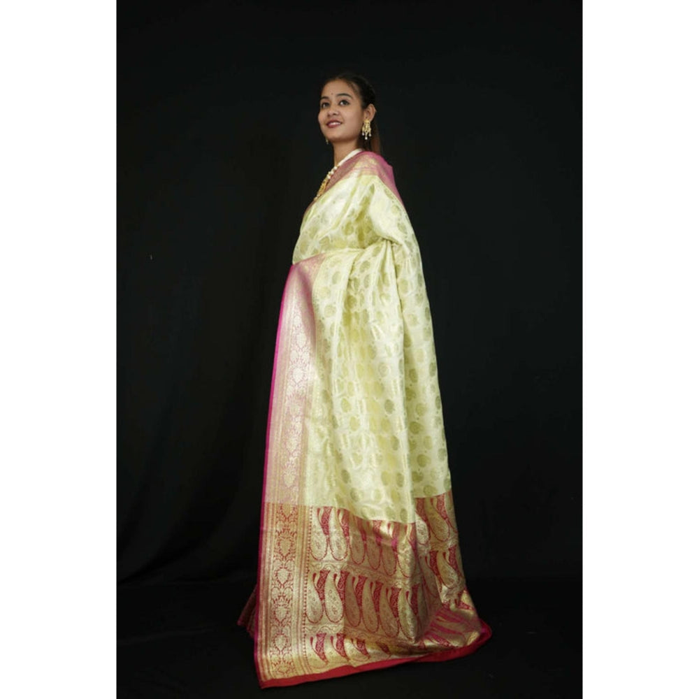 Isadora Life Womens Woven Zari Green Pre-Draped Saree With Unstitched Blouse