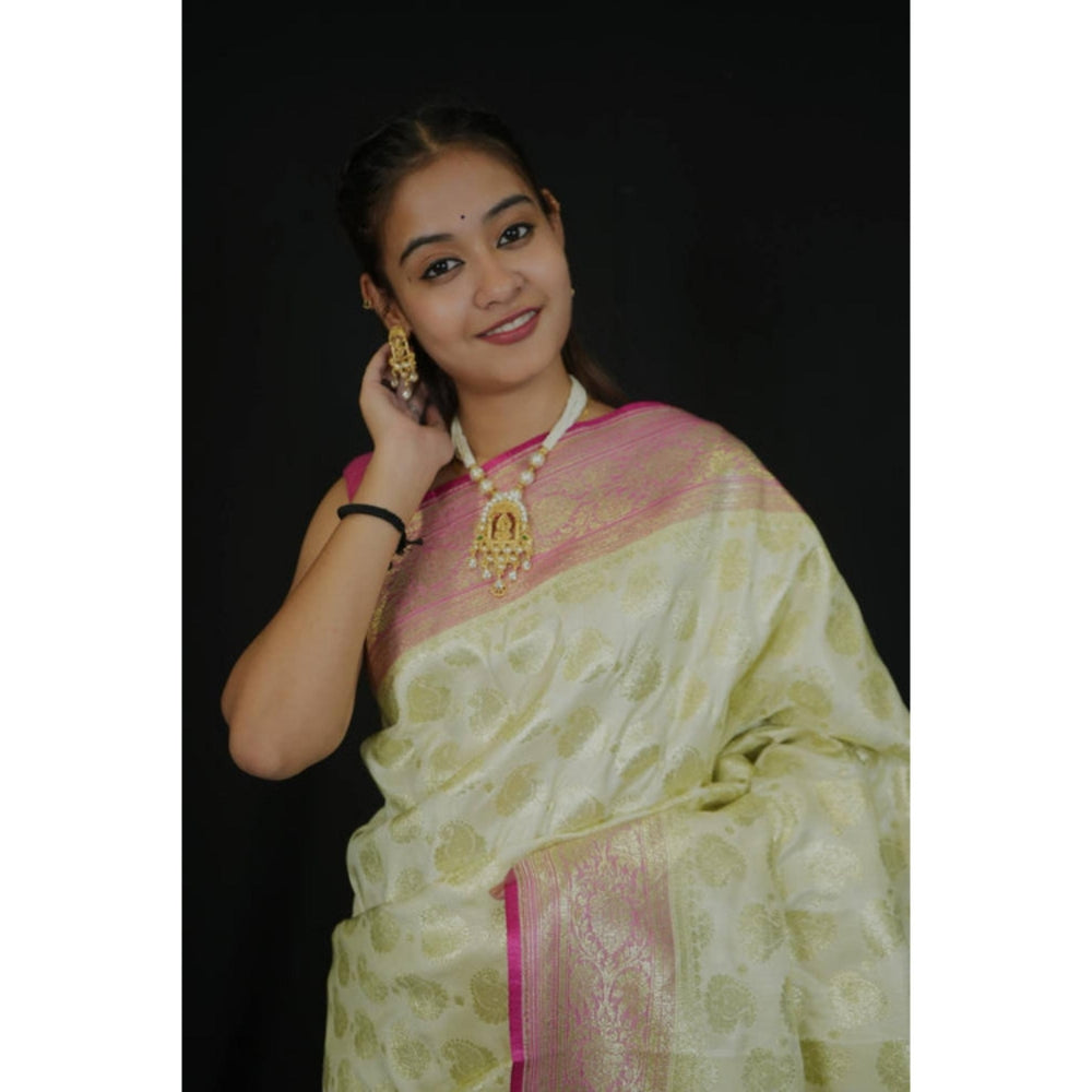 Isadora Life Womens Woven Zari Green Pre-Draped Saree With Unstitched Blouse