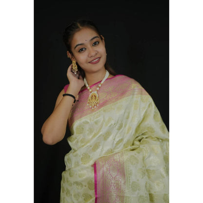 Isadora Life Womens Woven Zari Green Pre-Draped Saree With Unstitched Blouse