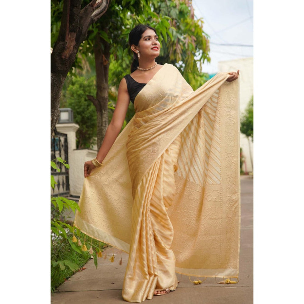 Isadora Life Womens Stripes Tassels Beige Pre-Draped Saree With Unstitched Blouse