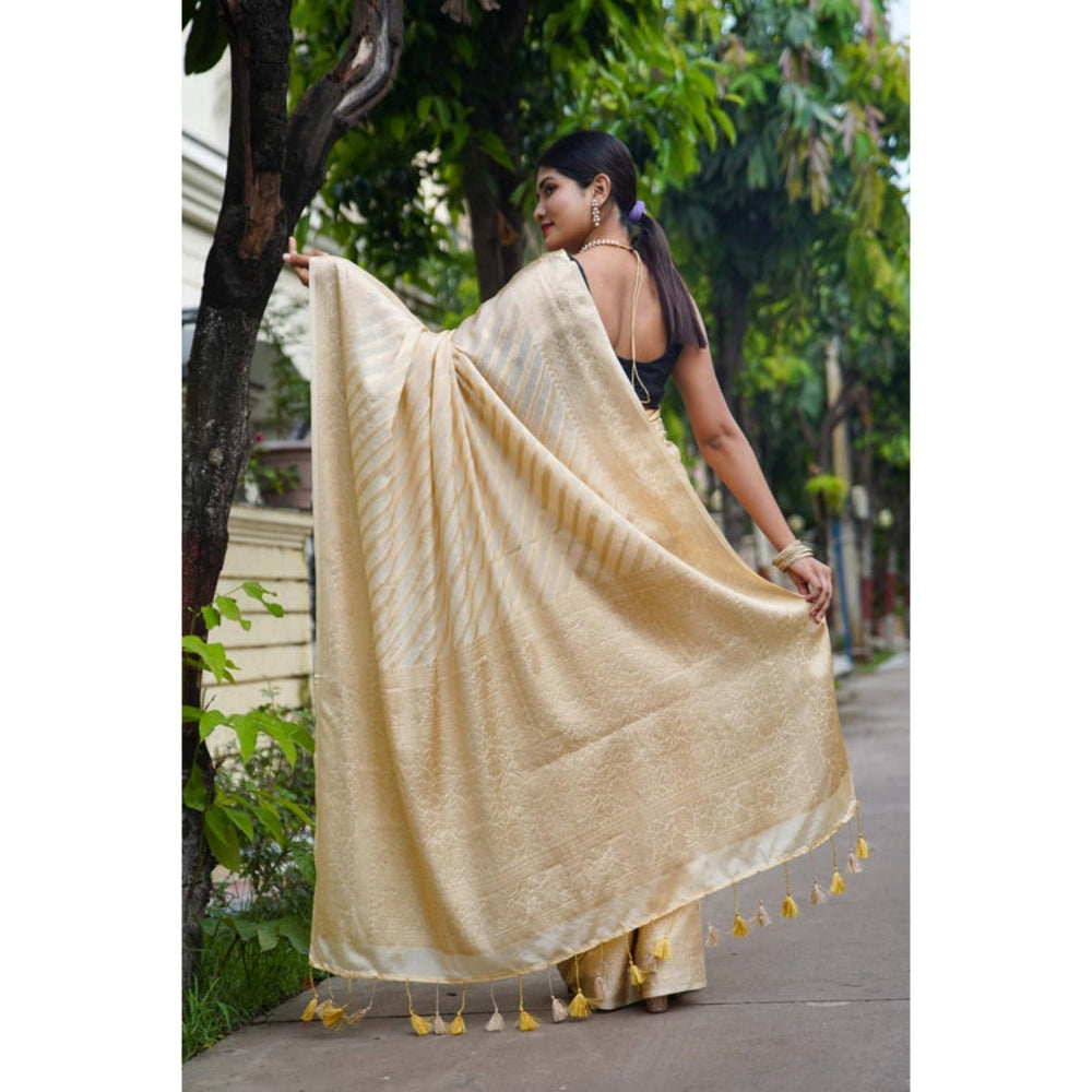Isadora Life Womens Stripes Tassels Beige Pre-Draped Saree With Unstitched Blouse