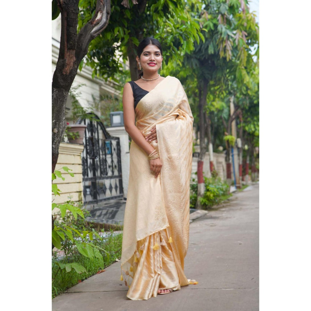 Isadora Life Womens Stripes Tassels Beige Pre-Draped Saree With Unstitched Blouse