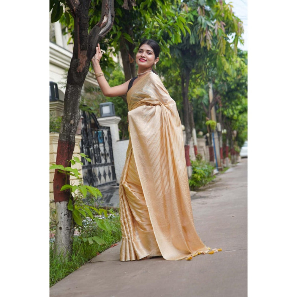 Isadora Life Womens Stripes Tassels Beige Pre-Draped Saree With Unstitched Blouse