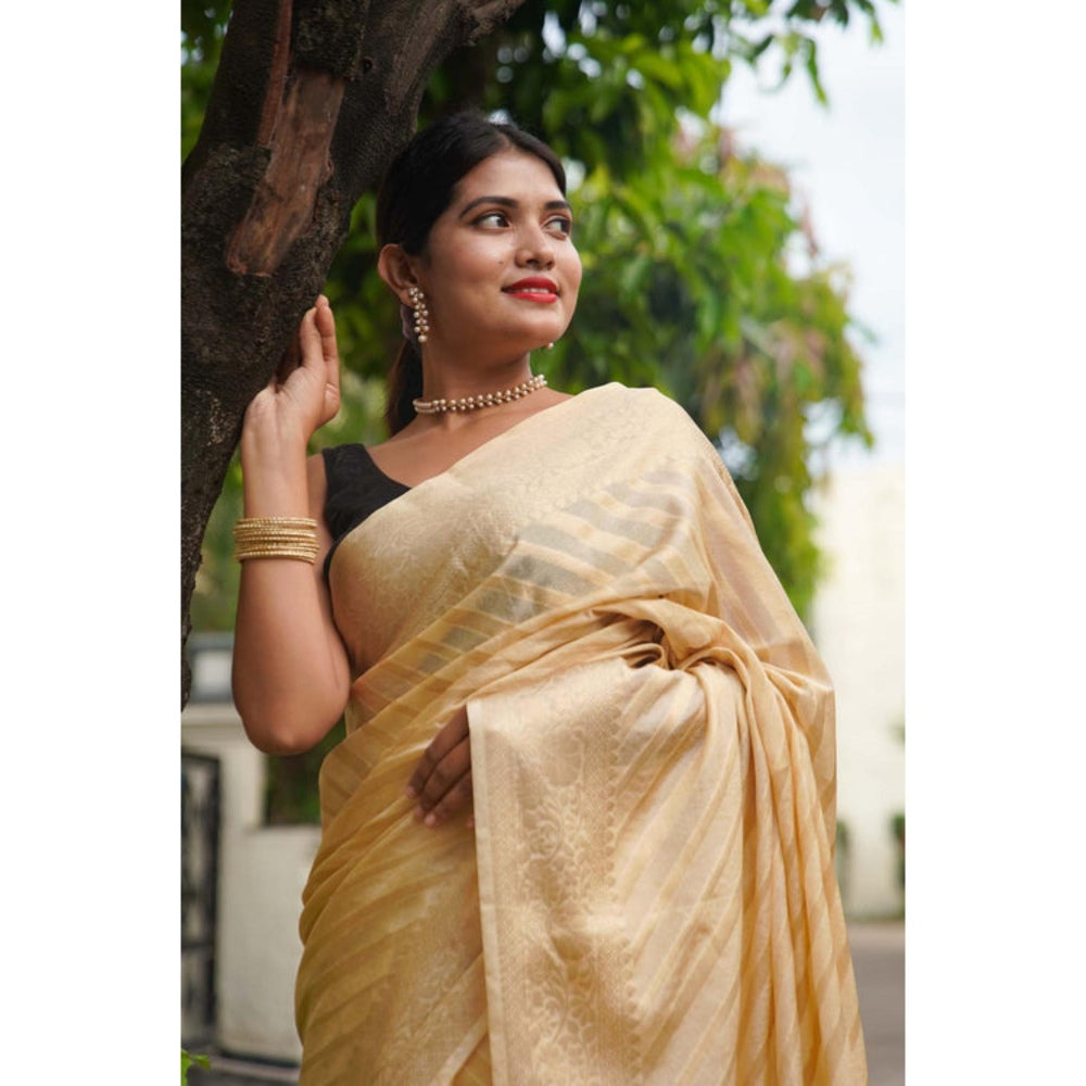 Isadora Life Womens Stripes Tassels Beige Pre-Draped Saree With Unstitched Blouse