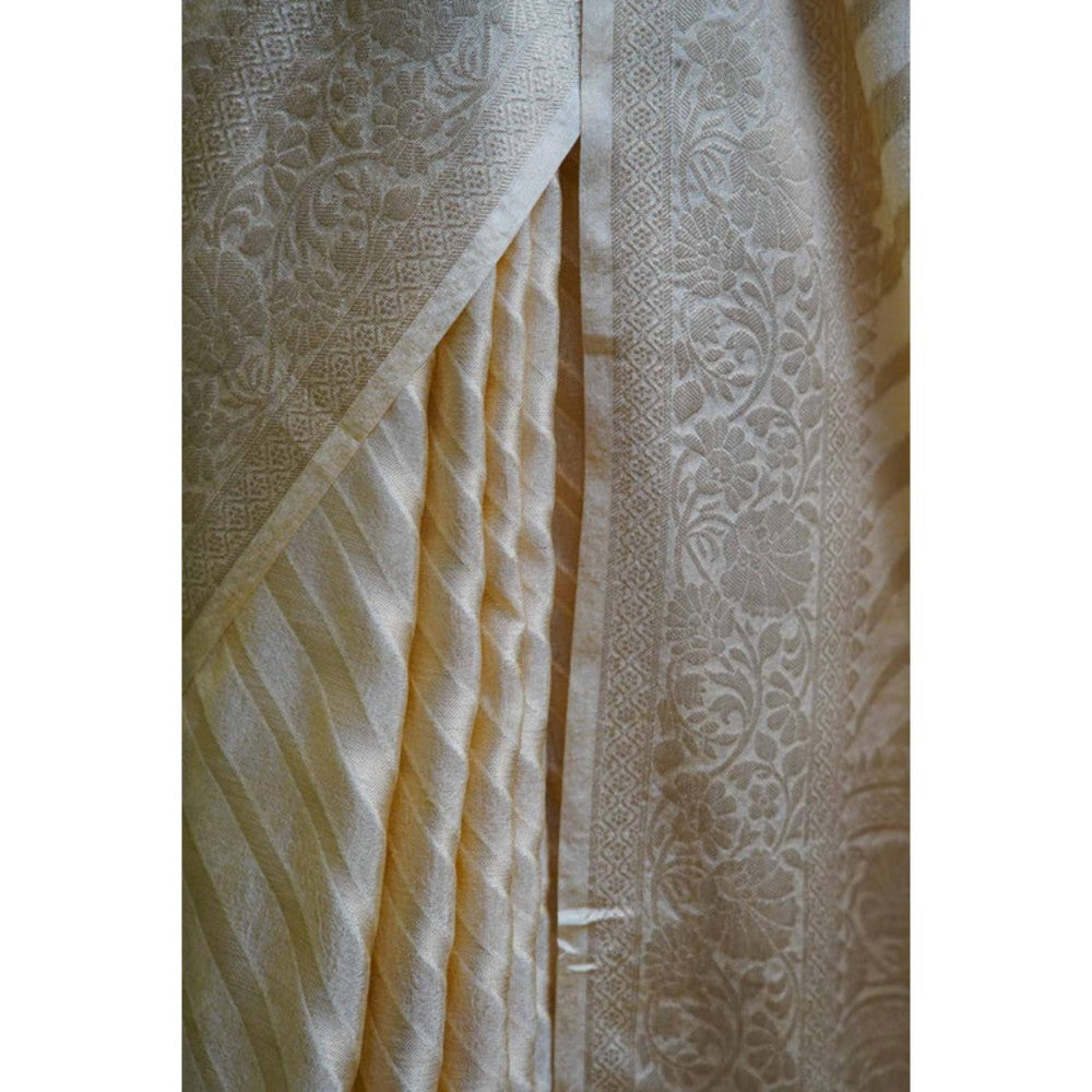 Isadora Life Womens Stripes Tassels Beige Pre-Draped Saree With Unstitched Blouse