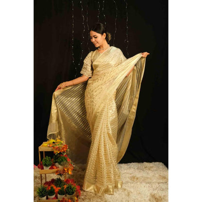 Isadora Life Womens Stripes Tassels Gold Pre-Draped Saree With Unstitched Blouse