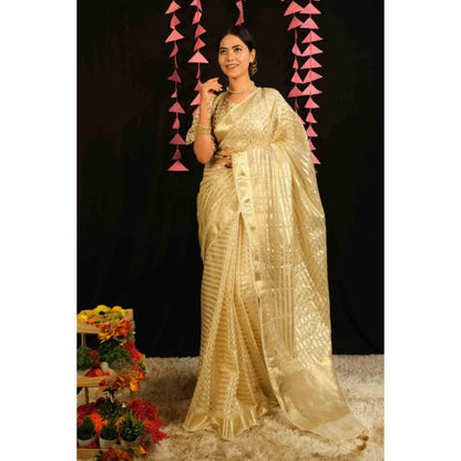 Isadora Life Womens Stripes Tassels Gold Pre-Draped Saree With Unstitched Blouse
