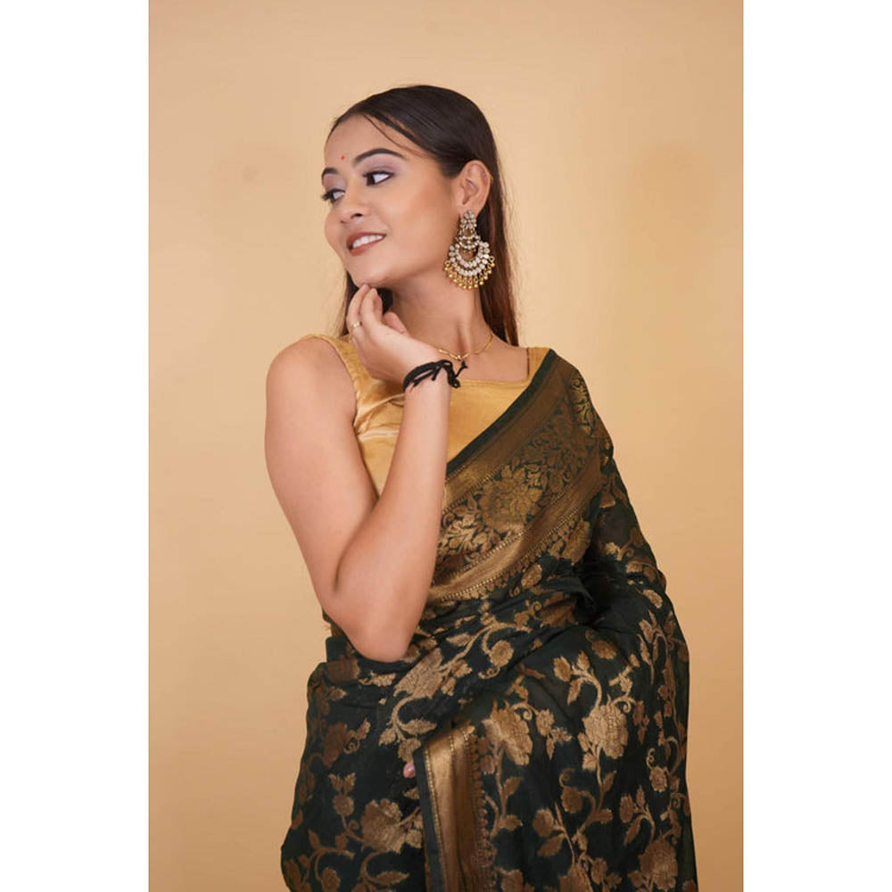 Isadora Life Womens Woven Zari Green Pre-Draped Saree With Unstitched Blouse