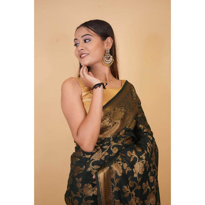 Isadora Life Womens Woven Zari Green Pre-Draped Saree With Unstitched Blouse