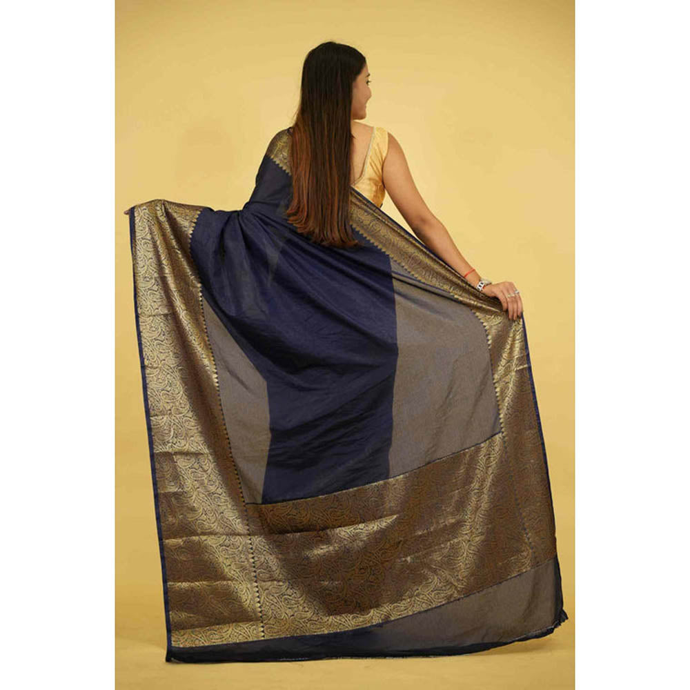 Isadora Life Womens Woven Zari Navy Blue Pre-Draped Saree With Unstitched Blouse