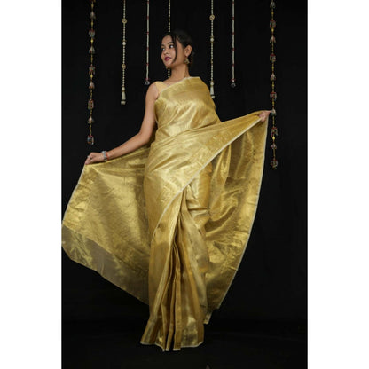 Isadora Life Womens Woven Zari Yellow Pre-Draped Saree With Unstitched Blouse