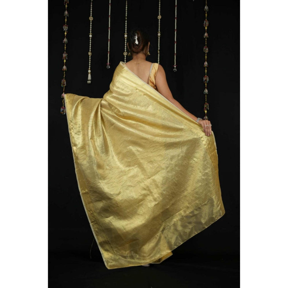 Isadora Life Womens Woven Zari Yellow Pre-Draped Saree With Unstitched Blouse