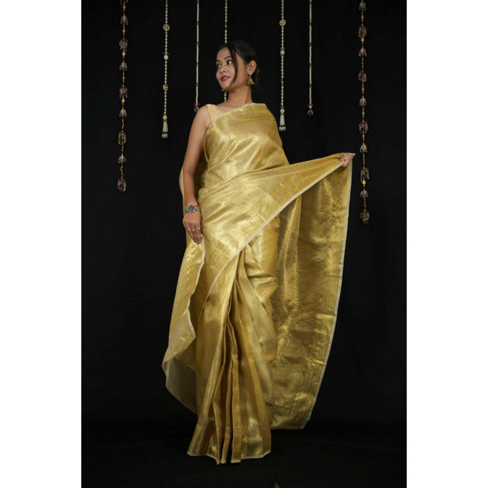 Isadora Life Womens Woven Zari Yellow Pre-Draped Saree With Unstitched Blouse