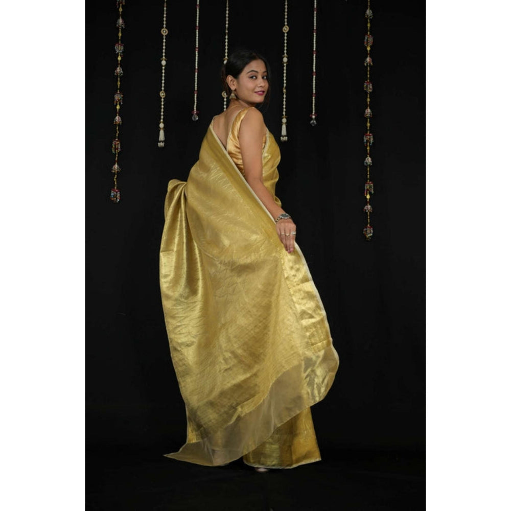Isadora Life Womens Woven Zari Yellow Pre-Draped Saree With Unstitched Blouse