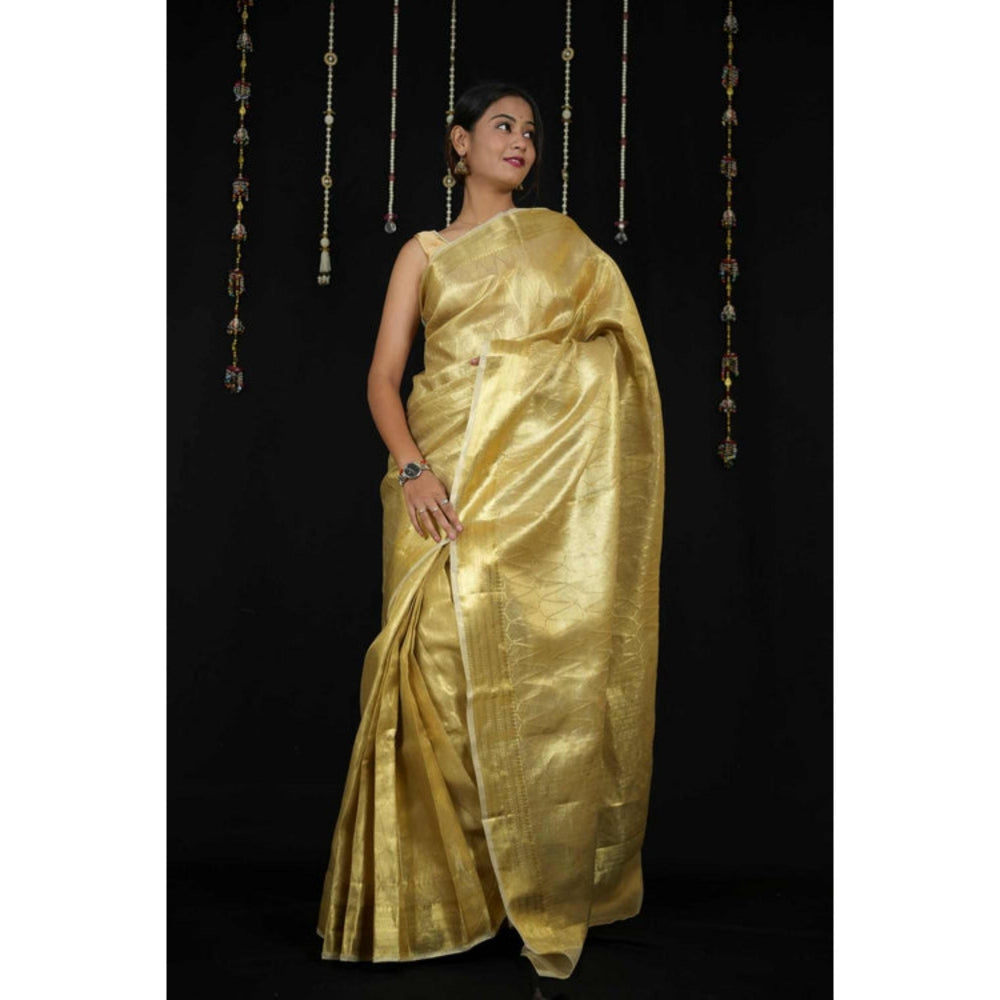Isadora Life Womens Woven Zari Yellow Pre-Draped Saree With Unstitched Blouse