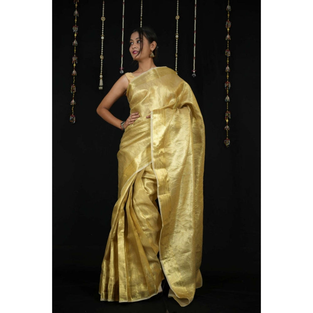 Isadora Life Womens Woven Zari Yellow Pre-Draped Saree With Unstitched Blouse