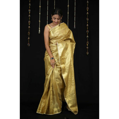 Isadora Life Womens Woven Zari Yellow Pre-Draped Saree With Unstitched Blouse