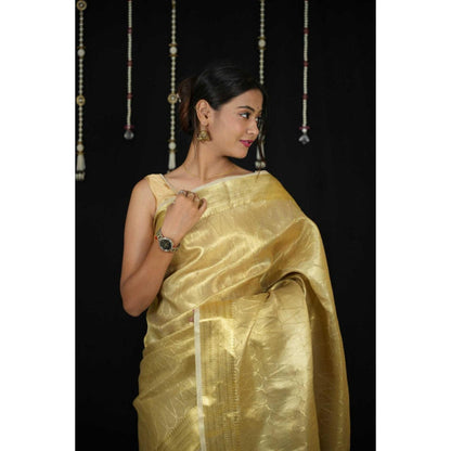Isadora Life Womens Woven Zari Yellow Pre-Draped Saree With Unstitched Blouse