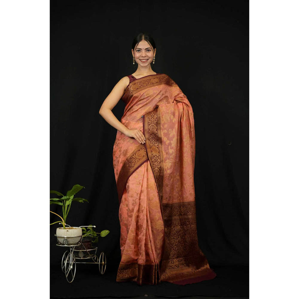 Isadora Life Womens Woven Zari Peach Pre-Draped Saree With Unstitched Blouse