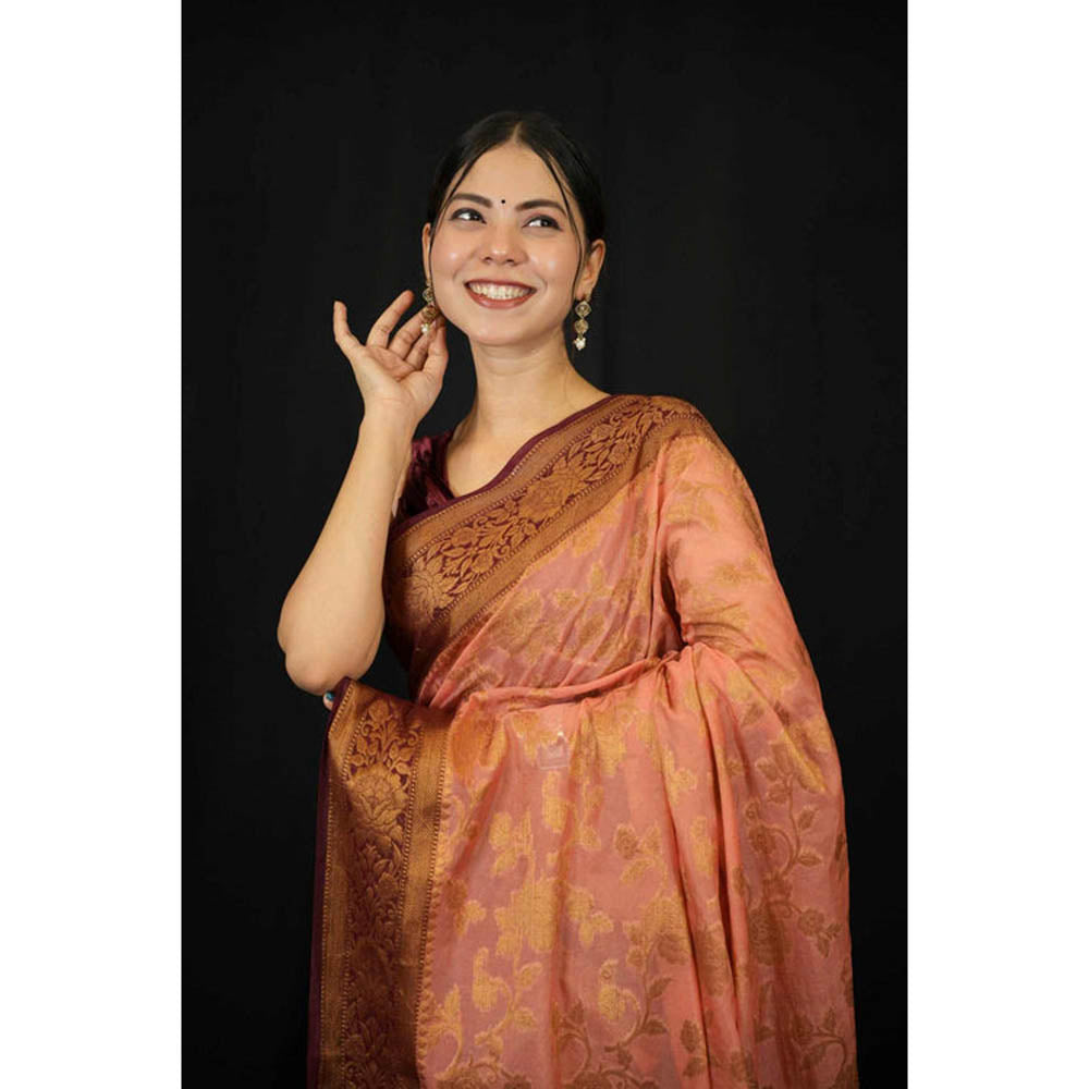 Isadora Life Womens Woven Zari Peach Pre-Draped Saree With Unstitched Blouse