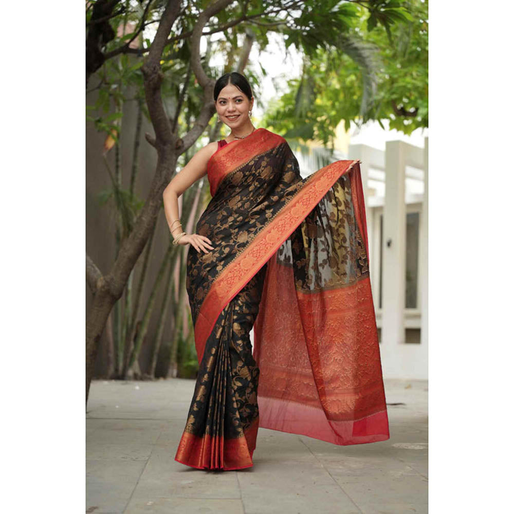 Isadora Life Womens Floral Woven Green Pre-Draped Saree With Unstitched Blouse