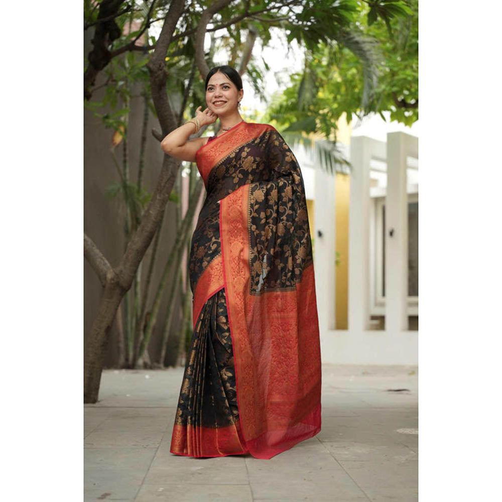 Isadora Life Womens Floral Woven Green Pre-Draped Saree With Unstitched Blouse