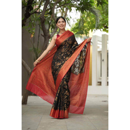 Isadora Life Womens Floral Woven Green Pre-Draped Saree With Unstitched Blouse