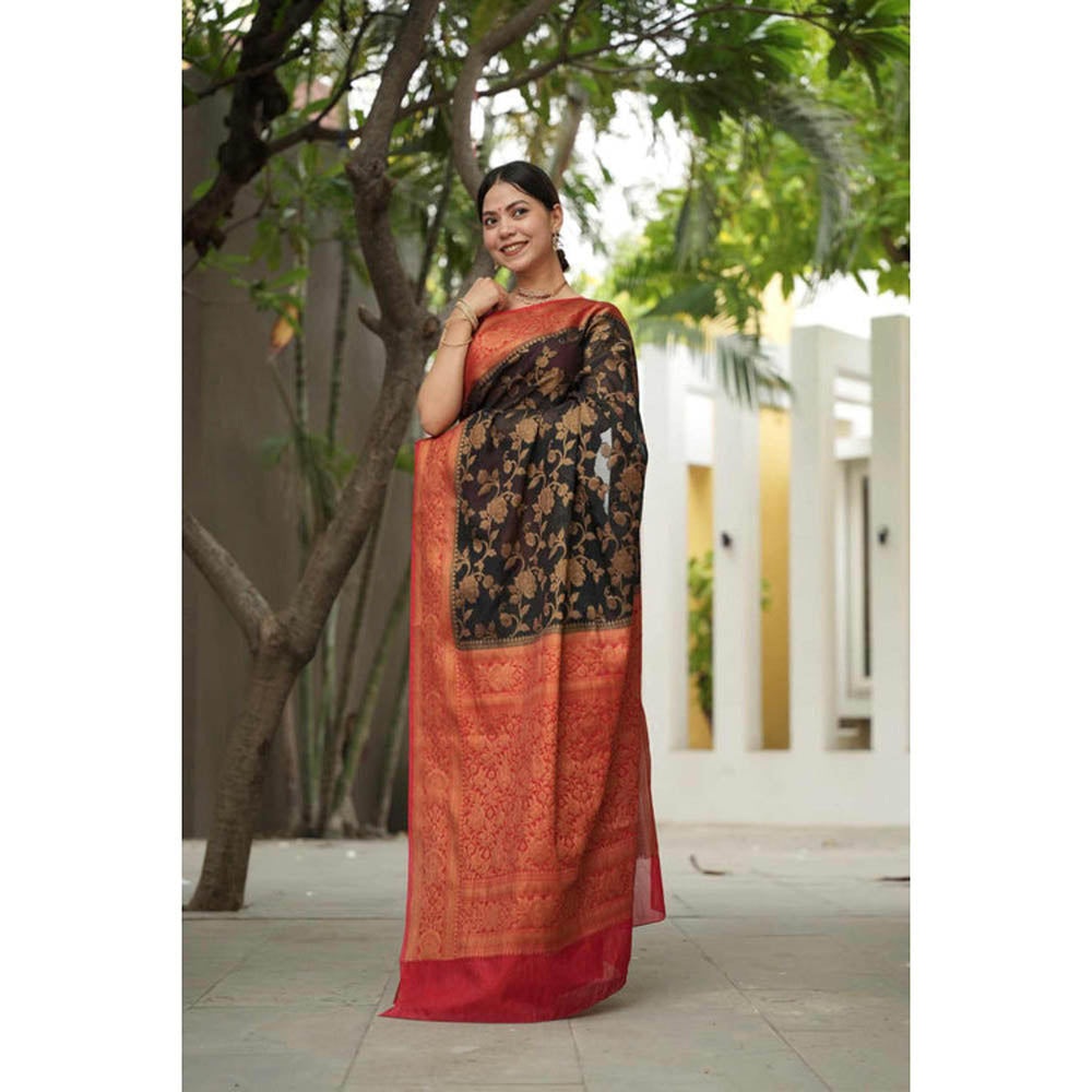 Isadora Life Womens Floral Woven Green Pre-Draped Saree With Unstitched Blouse