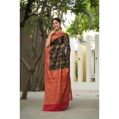 Isadora Life Womens Floral Woven Green Pre-Draped Saree With Unstitched Blouse