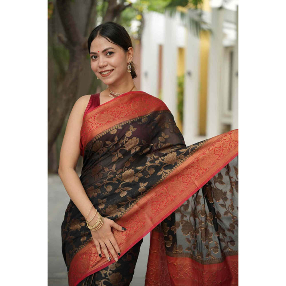 Isadora Life Womens Floral Woven Green Pre-Draped Saree With Unstitched Blouse
