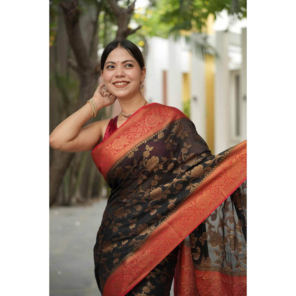 Isadora Life Womens Floral Woven Green Pre-Draped Saree With Unstitched Blouse