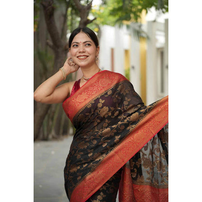 Isadora Life Womens Floral Woven Green Pre-Draped Saree With Unstitched Blouse