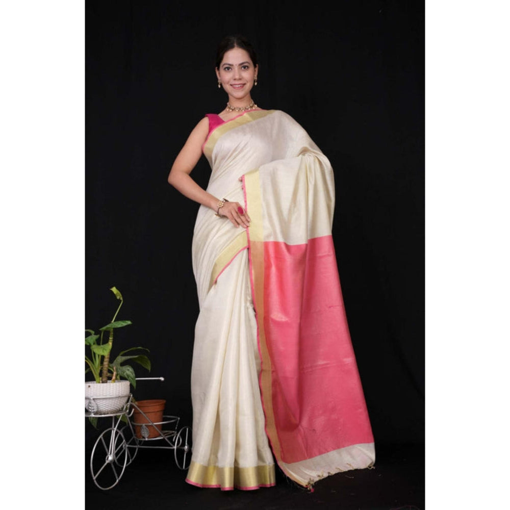 Isadora Life Womens Solid Tassels White Pre-Draped Saree With Unstitched Blouse