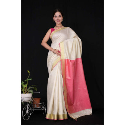 Isadora Life Womens Solid Tassels White Pre-Draped Saree With Unstitched Blouse