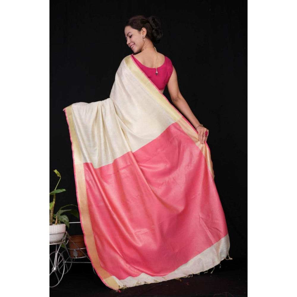 Isadora Life Womens Solid Tassels White Pre-Draped Saree With Unstitched Blouse