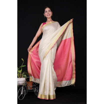 Isadora Life Womens Solid Tassels White Pre-Draped Saree With Unstitched Blouse