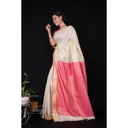 Isadora Life Womens Solid Tassels White Pre-Draped Saree With Unstitched Blouse