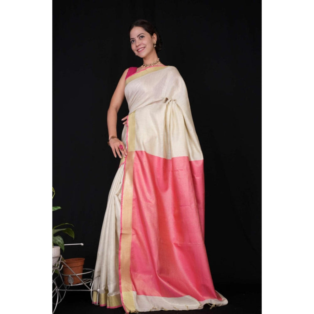 Isadora Life Womens Solid Tassels White Pre-Draped Saree With Unstitched Blouse