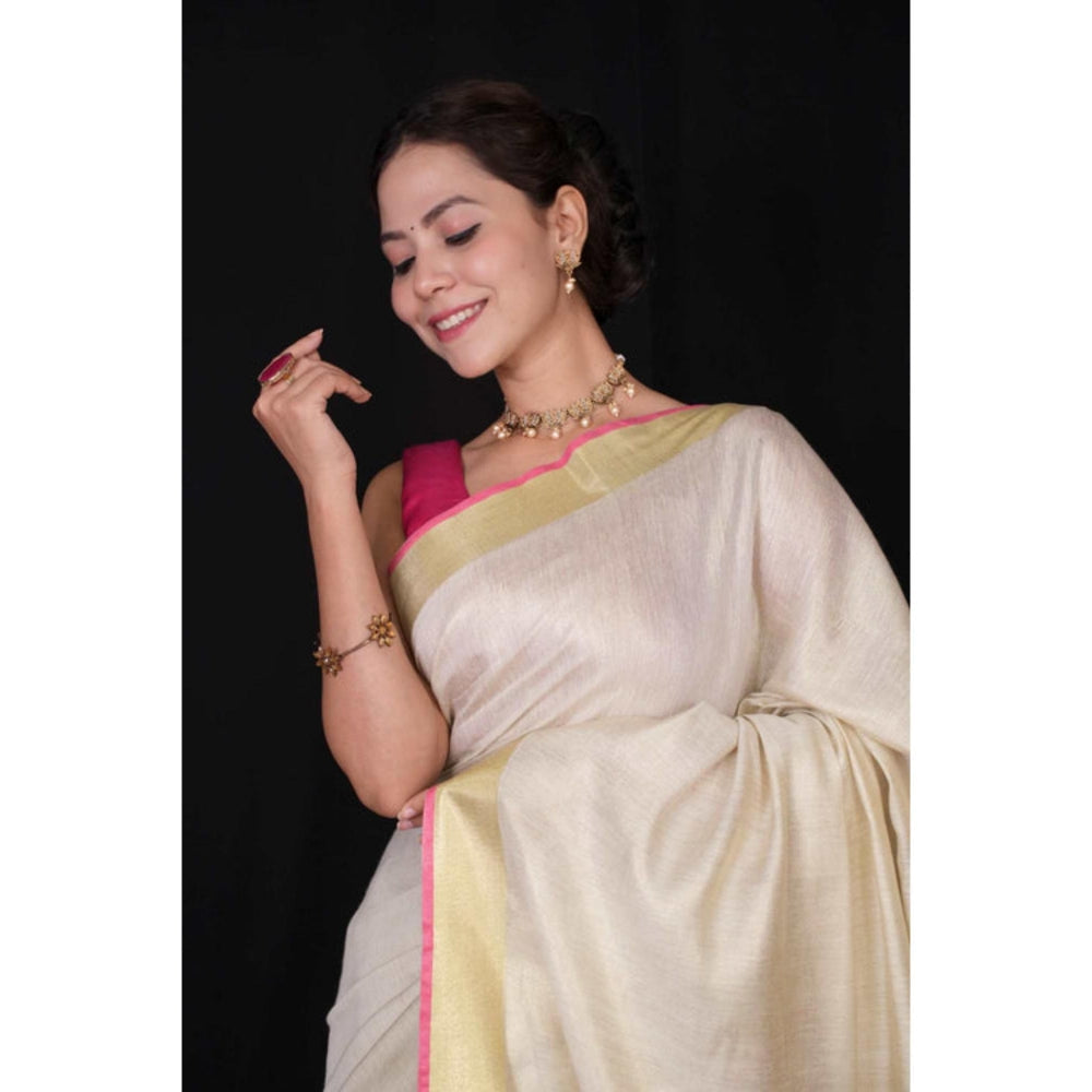 Isadora Life Womens Solid Tassels White Pre-Draped Saree With Unstitched Blouse