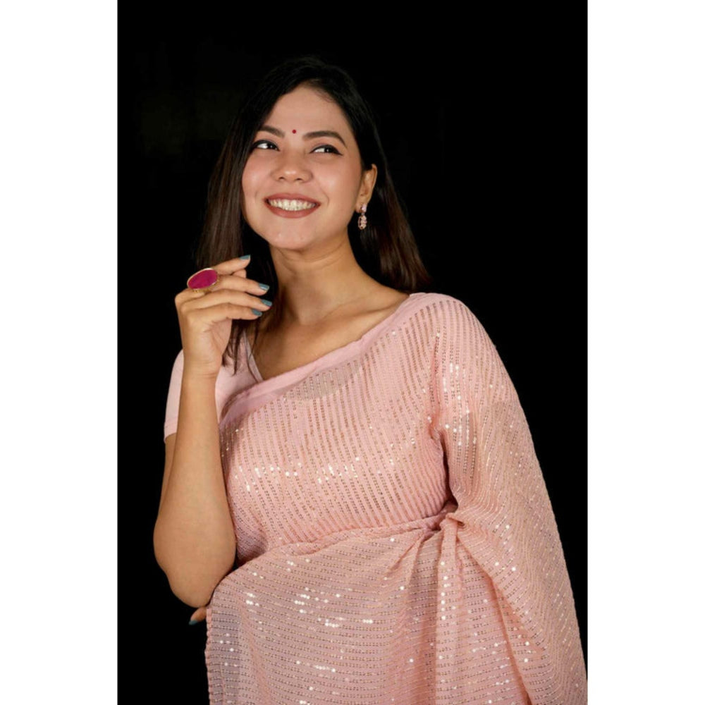 Isadora Life Womens Embroidered Sequined Pink Pre-Draped Saree With Unstitched Blouse